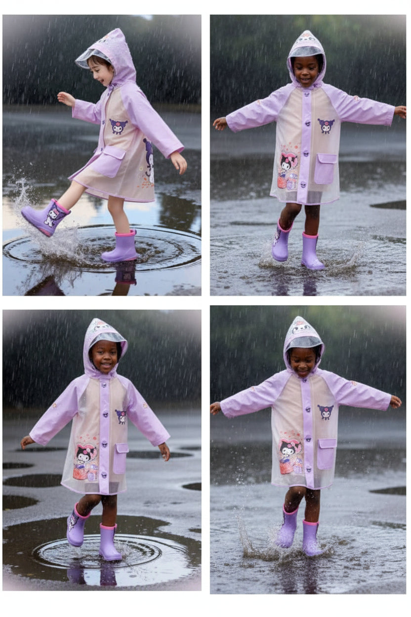 Kuromi Themed Purple Rain Jacket for Girls | Waterproof Kids Raincoat | Cute Feline Design