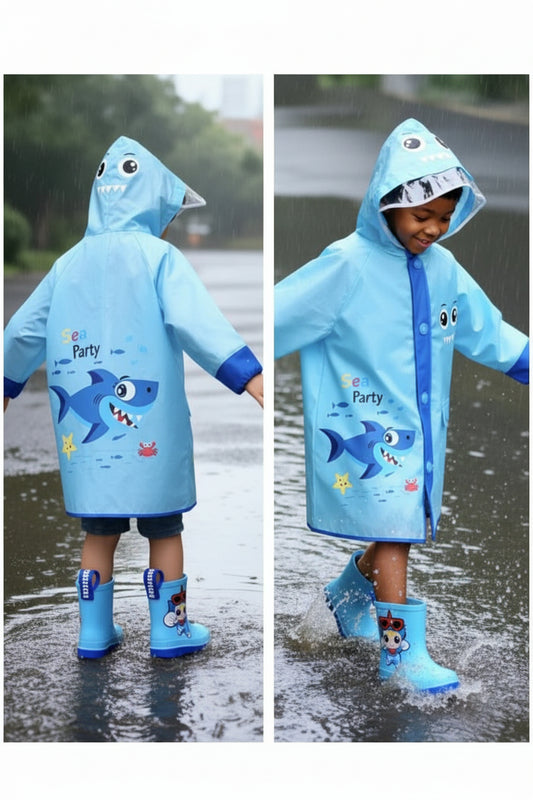 Shark Themed Blue Rain Jacket  | Waterproof Kids Raincoat | Cool Shark Design
