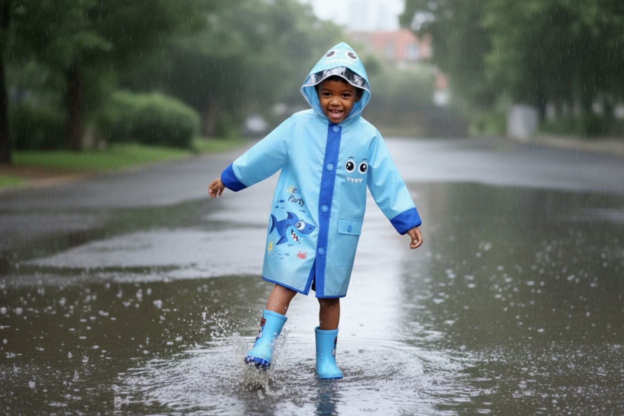 Shark Themed Blue Rain Jacket  | Waterproof Kids Raincoat | Cool Shark Design