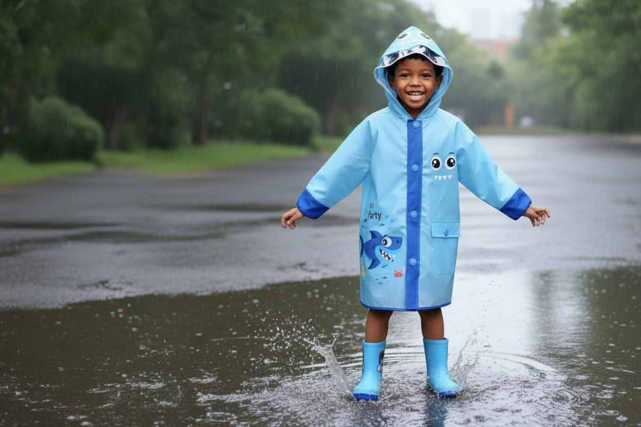 Shark Themed Blue Rain Jacket  | Waterproof Kids Raincoat | Cool Shark Design