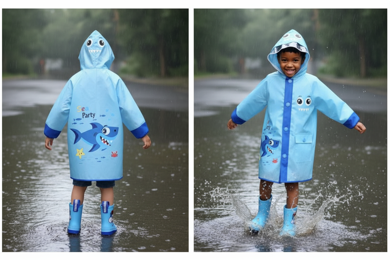 Shark Themed Blue Rain Jacket  | Waterproof Kids Raincoat | Cool Shark Design