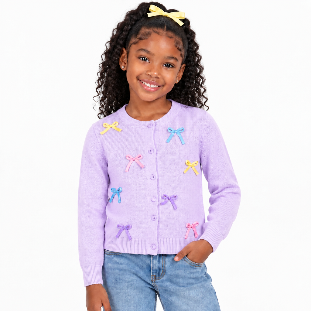 Girls’ Comfortable Sweater with Bow Details – Yellow, light blue,Pink & Lilac | Sizes 110–150