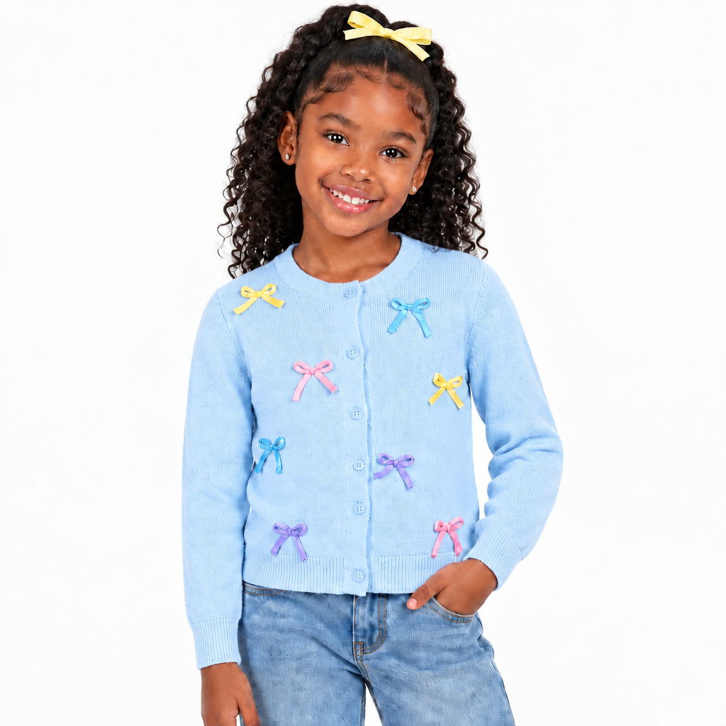 Girls’ Comfortable Sweater with Bow Details – Yellow, light blue,Pink & Lilac | Sizes 110–150
