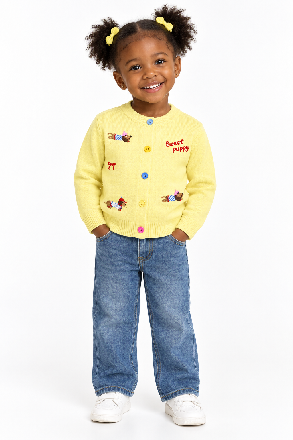 Girls’ Sweater with Bow Detail & Pink Puppy Design – Blue, Cream & Pink | Sizes 80–120