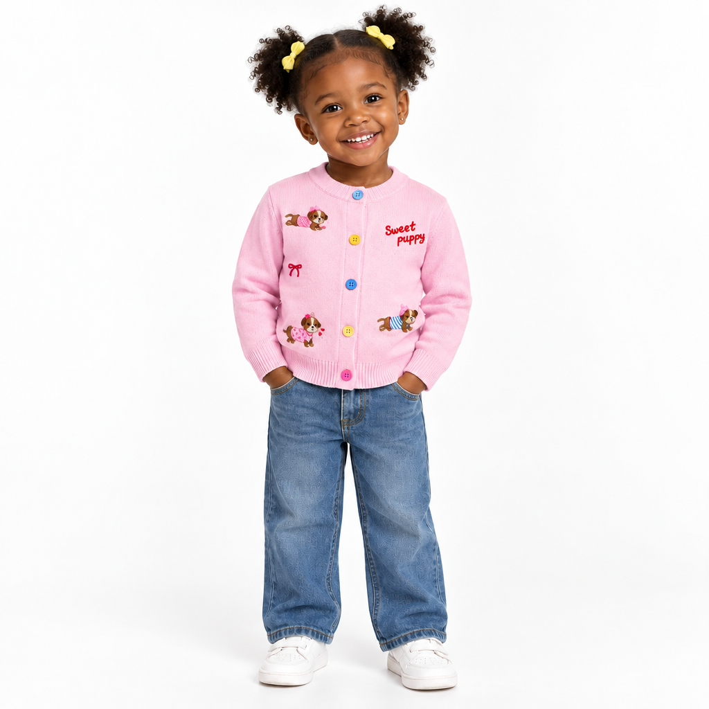 Girls’ Sweater with Bow Detail & Pink Puppy Design – Blue, Cream & Pink | Sizes 80–120