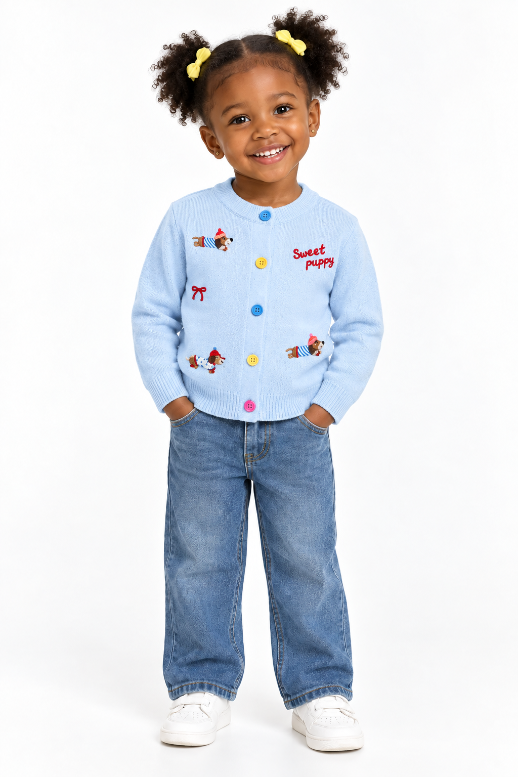 Girls’ Sweater with Bow Detail & Pink Puppy Design – Blue, Cream & Pink | Sizes 80–120