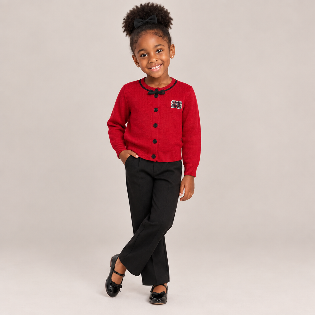 Girls’ Comfortable Sweater – Red, Cream & Grey | Sizes 110–150