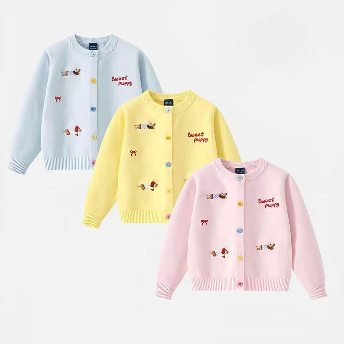 Girls’ Sweater with Bow Detail & Pink Puppy Design – Blue, Cream & Pink | Sizes 80–120