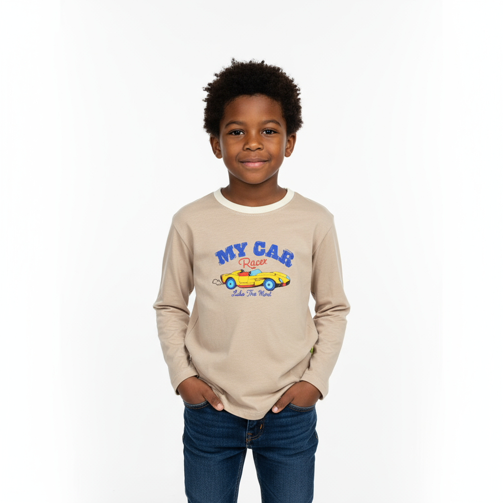 Beige Boys Long Sleeve “My Car” T-Shirt | Ages 3–8 (100–140) | Fun & Comfy