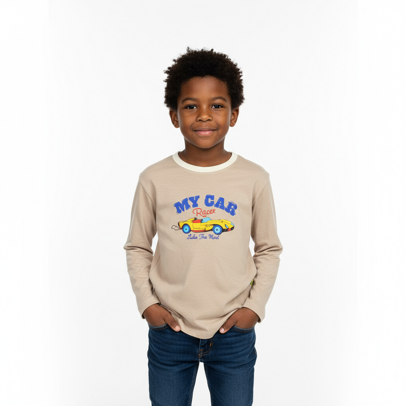 Beige Boys Long Sleeve “My Car” T-Shirt | Ages 3–8 (100–140) | Fun & Comfy