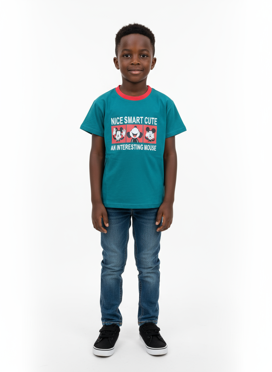 Dark Green Mickey Mouse Short Sleeved T-shirt | Size 130 | 100% Cotton