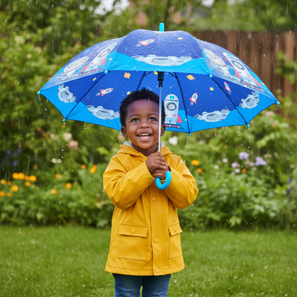 Kids’ Blue Space Umbrella | Cartoon Astronaut & Rocket Design