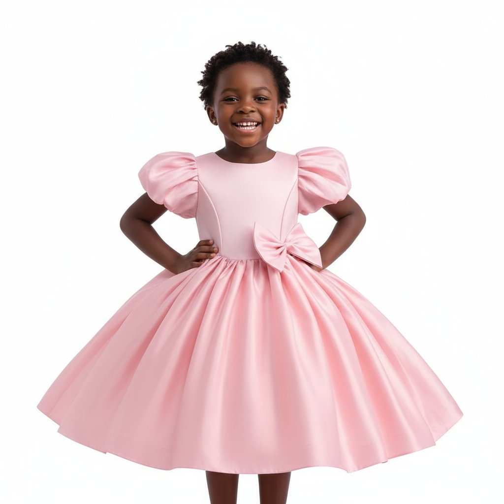 Girls Sleeved Dress with Bow | Sizes 110-150 | Green, Maroon, Peach, White