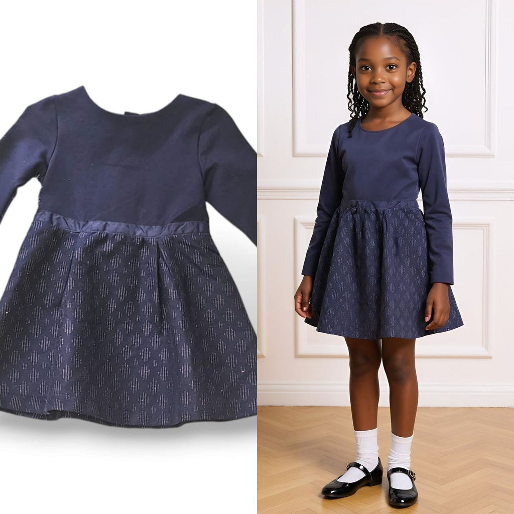 Plain Long Sleeve Dresses for Girls | Blue & White | Ages 3–8 Years