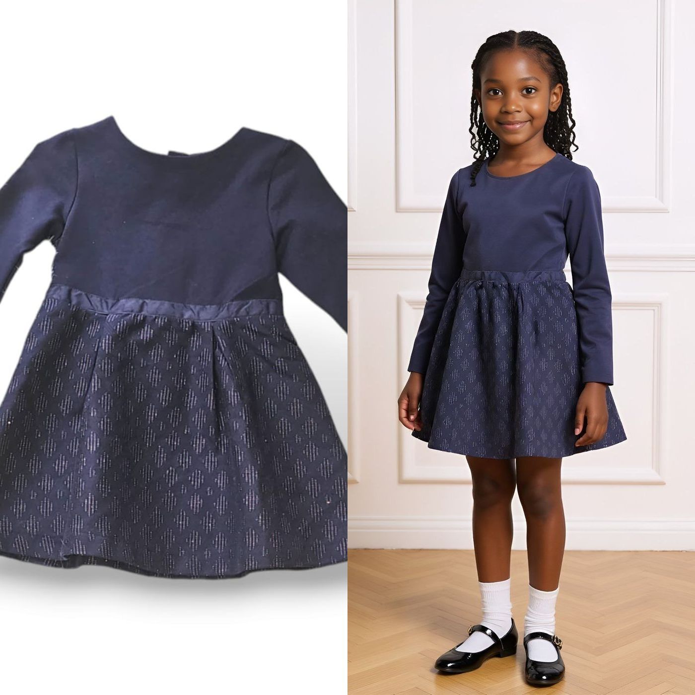 Plain Long Sleeve Dresses for Girls | Blue & White | Ages 3–8 Years