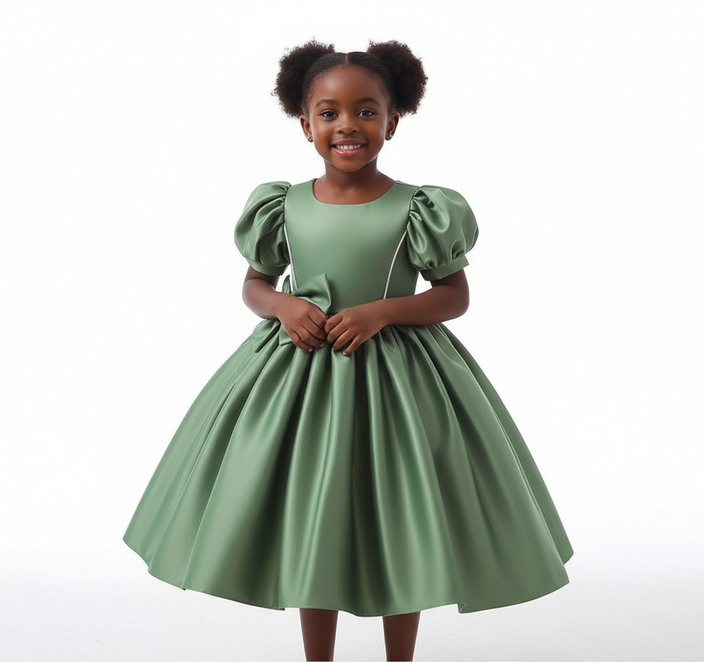 Girls Sleeved Dress with Bow | Sizes 110-150 | Green, Maroon, Peach, White