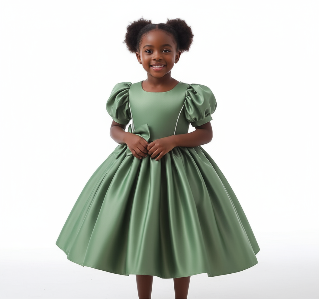 Girls Sleeved Dress with Bow | Sizes 110-150 | Green, Maroon, Peach, White