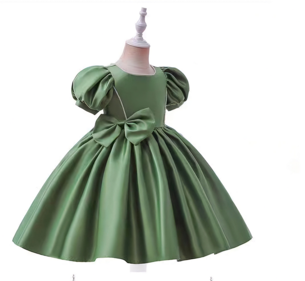 Girls Sleeved Dress with Bow | Sizes 110-150 | Green, Maroon, Peach, White