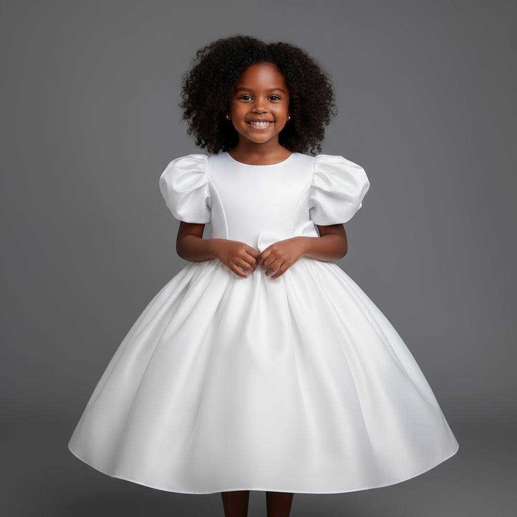 Girls Sleeved Dress with Bow | Sizes 110-150 | Green, Maroon, Peach, White