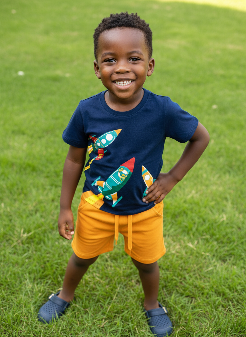 Rocket Orange & Blue Kids Short Set | Sizes 2–10 Years