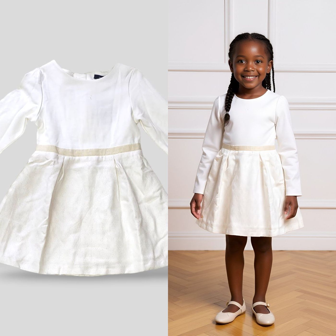 Plain Long Sleeve Dresses for Girls | Blue & White | Ages 3–8 Years