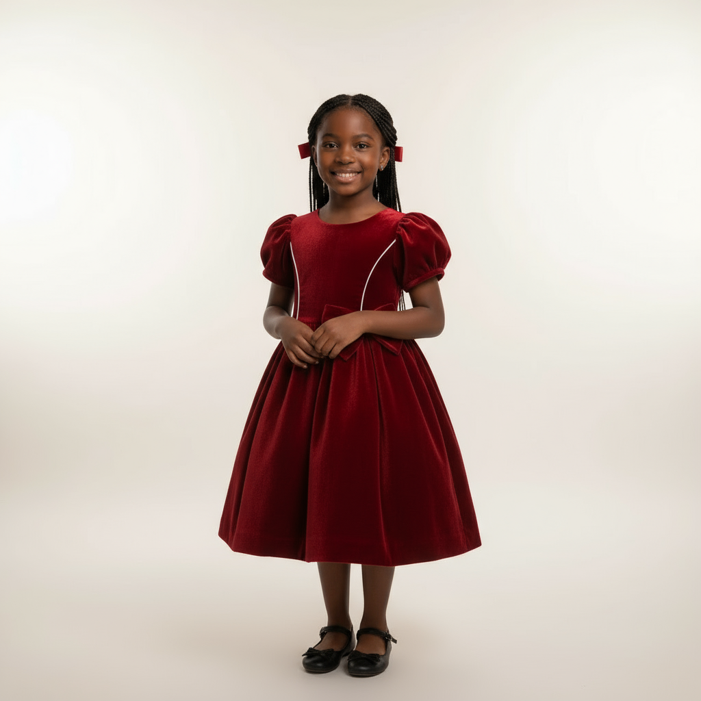 Girls Sleeved Dress with Bow | Sizes 110-150 | Green, Maroon, Peach, White