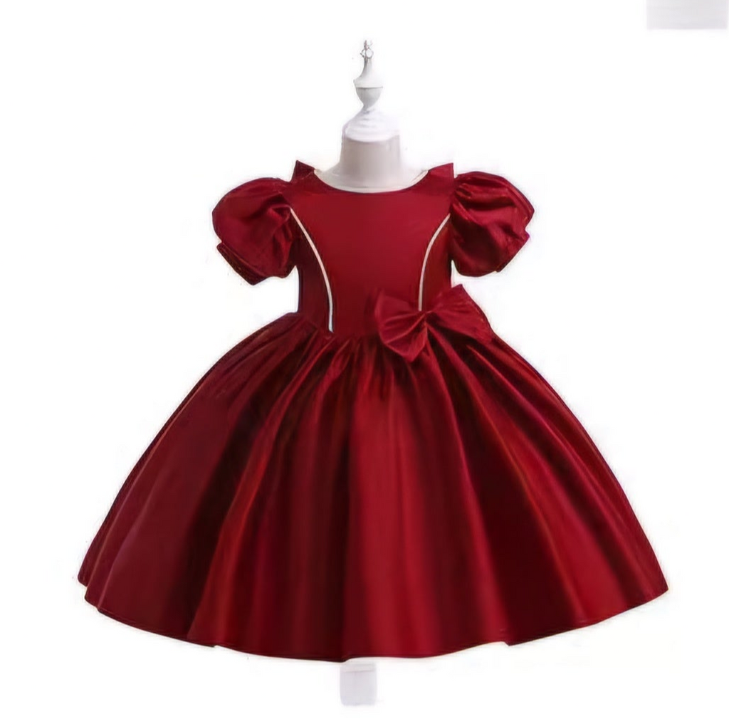 Girls Sleeved Dress with Bow | Sizes 110-150 | Green, Maroon, Peach, White