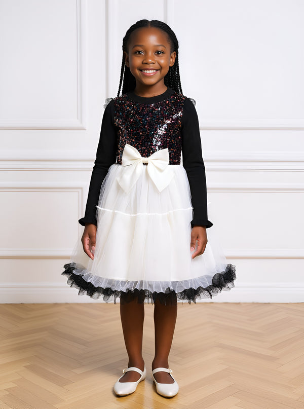 Black and Cream Sequin Kids Party Dress | Sizes: 5–6 (120), 6–7 (130) | Elegant & Stylish