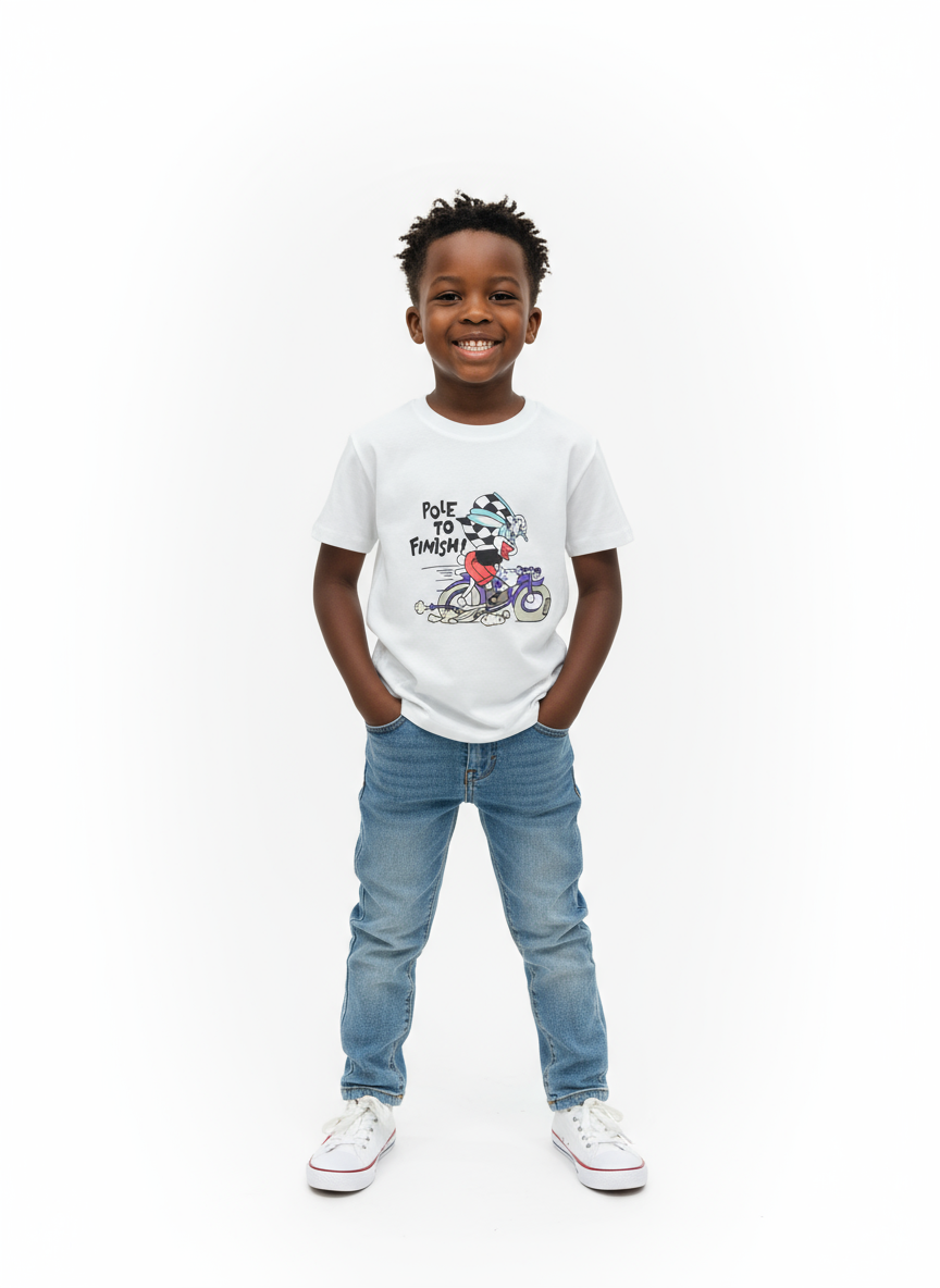 White Pole To Finish Short Sleeved Kids’ T-shirt | Sizes 120, 130